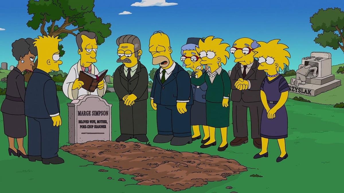 وفاة مارج ذا سيمبسون - نهاية الموسم 36 ذا سيمبسون - Marge death The Simpsons - Bart Lisa Maggie Marge funeral - Simpsons season 36 finale shock - Simpsons season 40 renewed by Fox - Ringo Starr Simpsons cameo - Marge Heaven scene Simpsons - Simpsons Estranger Things episode - Simpsons timeline Marge dies - Simpsons Marge will video - Simpsons Springfield characters funeral - Simpsons shocking ending season 36
