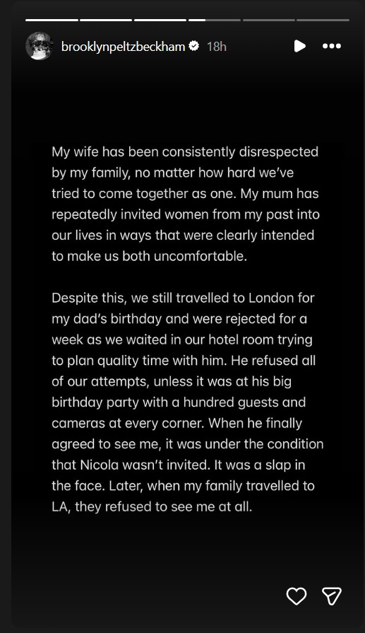 بروكلين بيكهام Brooklyn Beckham - نيكولا بيلتز بيكهام Nicola Peltz Beckham - ديفيد بيكهام David Beckham - فيكتوريا بيكهام Victoria Beckham - خلاف عائلة بيكهام - زفاف بروكلين بيكهام - رسالة بروكلين بيكهام إنستغرام - عائلة Beckham - أخبار هوليوود Hollywood news - مشاهير هوليوود - London لندن - Los Angeles لوس أنجلوس - Marc Anthony مارك أنطوني