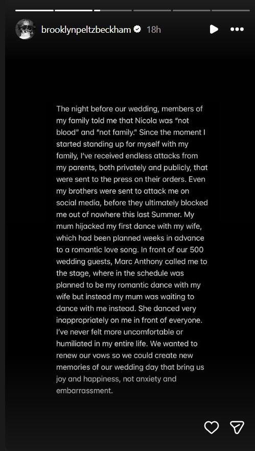 بروكلين بيكهام Brooklyn Beckham - نيكولا بيلتز بيكهام Nicola Peltz Beckham - ديفيد بيكهام David Beckham - فيكتوريا بيكهام Victoria Beckham - خلاف عائلة بيكهام - زفاف بروكلين بيكهام - رسالة بروكلين بيكهام إنستغرام - عائلة Beckham - أخبار هوليوود Hollywood news - مشاهير هوليوود - London لندن - Los Angeles لوس أنجلوس - Marc Anthony مارك أنطوني