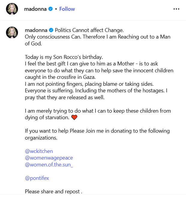 مادونا Gaza - Madonna Palestine - أطفال غزة Madonna - مادونا إنستغرام - Madonna Instagram Gaza - مادونا تدعم فلسطين - Madonna Gaza post - Rocco son Madonna - Madonna birthday 67 - World Central Kitchen Gaza - Women Wage Peace Gaza - Madonna humanitarian message Gaza - Madonna supports Gaza children - مادونا إنسانية - Queen of Pop Gaza