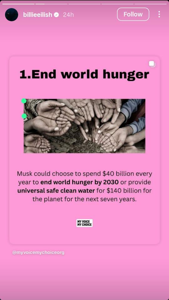 بيلي إيليش Billie Eilish تهاجم إيلون ماسك Elon Musk - إعادة إعمار غزة Gaza - تيسلا Tesla - منصة إكس X - دعم القضايا الإنسانية - انتقادات بيلي إيليش للأثرياء - ترشيحات غرامي Grammy - مارك زوكربيرغ Mark Zuckerberg - القضاء على الجوع العالمي - My Voice My Choice infographics - إعادة إعمار الضفة الغربية West Bank - إنقاذ الحيوانات المهددة بالانقراض - أخبار هوليوود Hollywood News - Billie Eilish slams Elon Musk