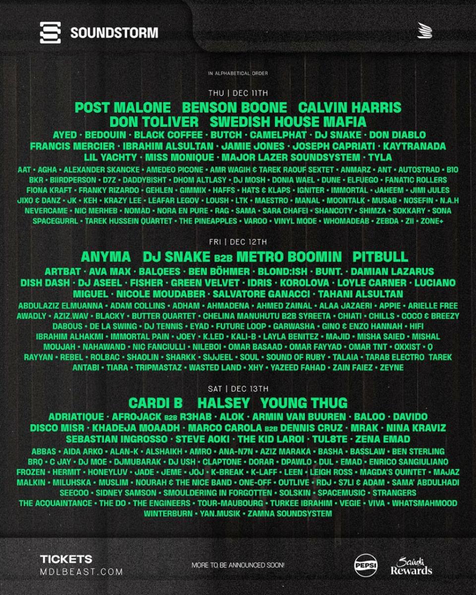 ساوندستورم 25 - MDL Beast Soundstorm 2025 - تركي آل الشيخ - بوست مالون Post Malone الرياض - كالفن هاريس Calvin Harris السعودية - كاردي بي Cardi B Soundstorm - Swedish House Mafia السويديش هاوس مافيا الرياض - مهرجانات الرياض 2025 - دي جي عالمي السعودية