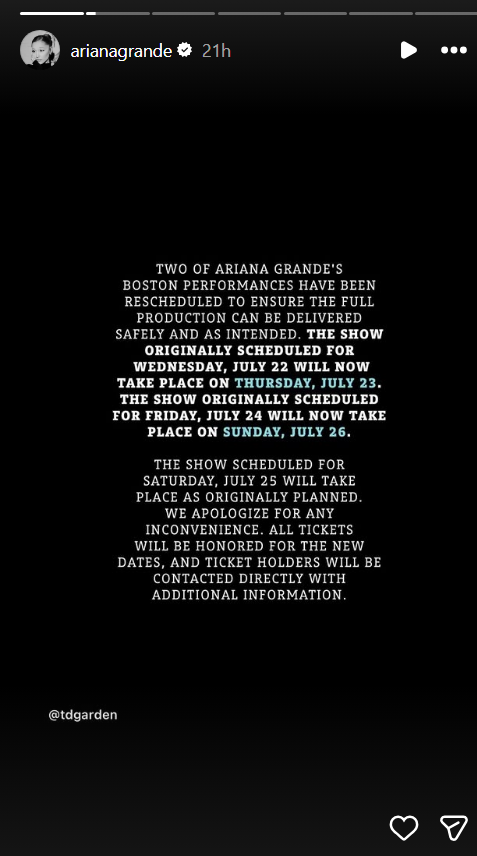 أريانا غراندي Ariana Grande - Eternal Sunshine Tour - تأجيل حفلات أريانا غراندي - حفلات Ariana Grande 2026 - Barclays Center Brooklyn - TD Garden Boston - مانشستر أرينا Manchester Arena - Wicked Movie - Glinda Wicked - Focker-in-Law - Meet the Parents - Ben Stiller - Robert De Niro - Petal Album - Eternal Sunshine Album - Billboard 200 - Sweetener World Tour - London Concerts - North America Tour - أخبار أريانا غراندي - Ariana Grande Tour Dates - Ariana Grande Concerts 2026 - Hollywood News - Entertainment News - ET بالعربي