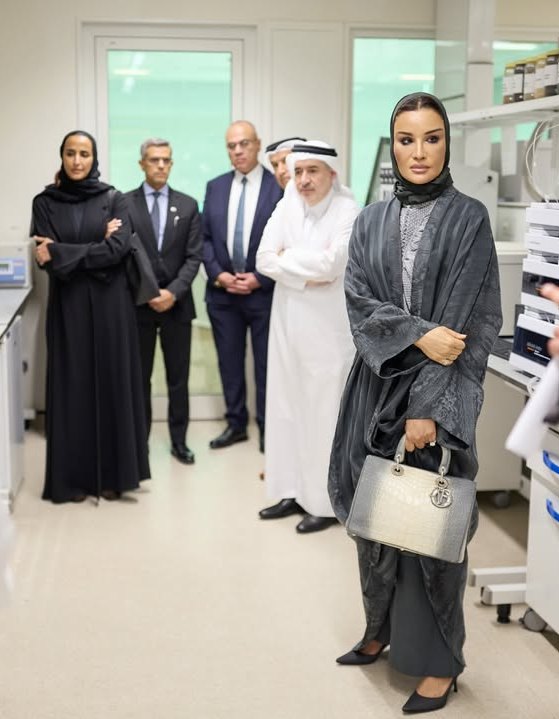الشيخة موزا بعباية مخملية رمادية وحقيبة من جلد التمساح 