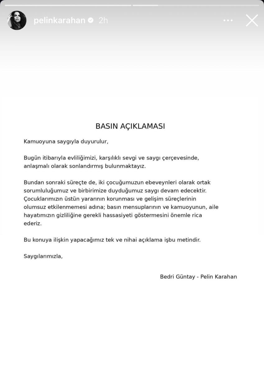 طلاق بيلين كاراهان وبيدري غونتاي بالتراضي بعد زواج استمر 12 عامًا