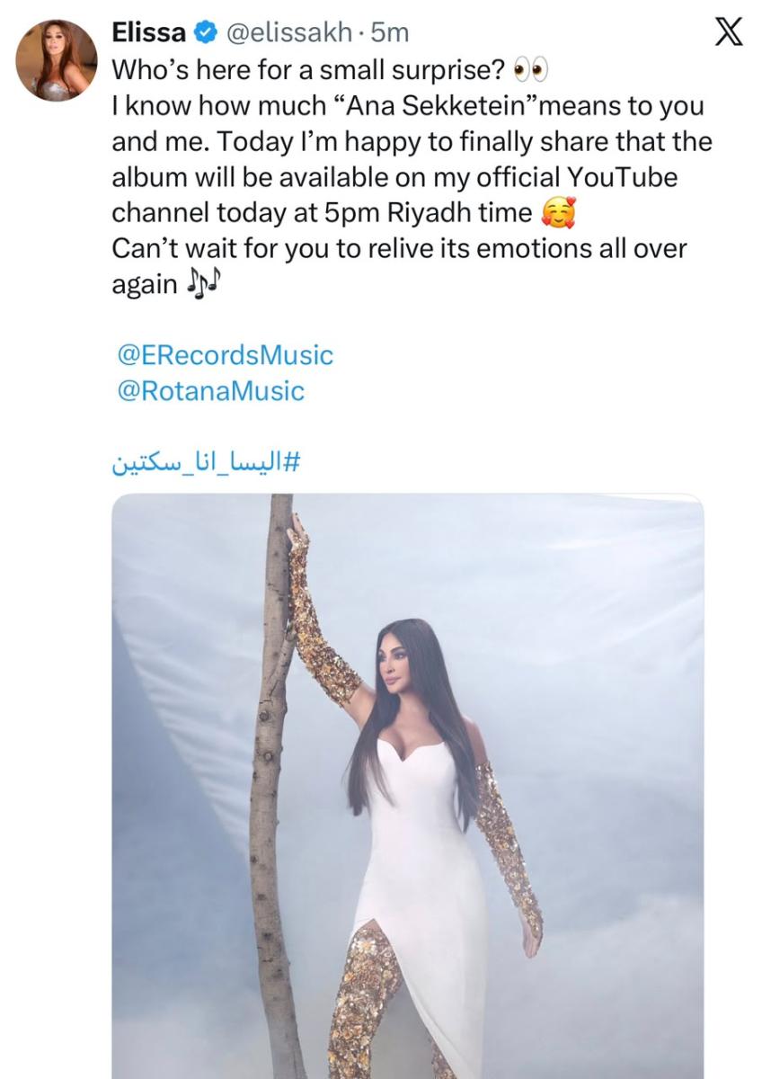 إليسا تستعيد ألبوم "أنا سكتين" وتعيده على يوتيوب بعد نزاع وتري