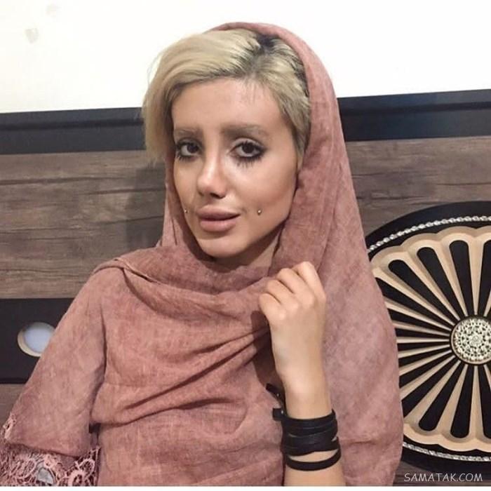 فاطمة خويشوند، الملقبة بـ"سحر تبر" تحاول تقليد شكل انحلينا جولي