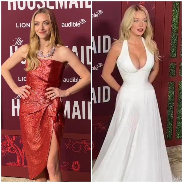 الأبيض مع الريش والأحمر اللماع يميزان إطلالتي سيدني سويني وأماندا سيفريد