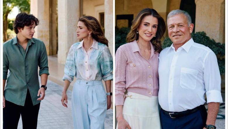 الملكة رانيا بأزياء باستيلية مع الملك عبدالله والأمير هاشم