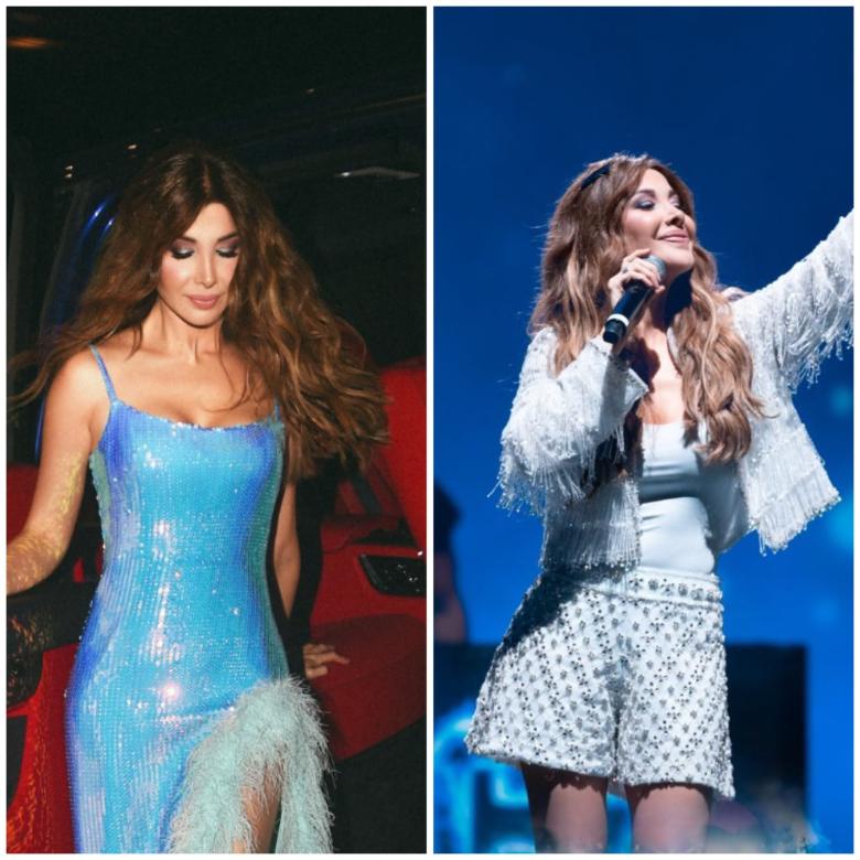 نانسي عجرم باطلالات من الترتر والريش والأحجار اللامعة في دبي