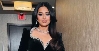 رحمة رياض بفستان أسود من المخمل من جان لويس صبجي