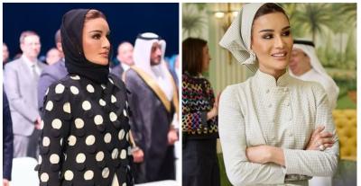اطلالاتان مختلفتان للشيخة موزا بين الطابع المحايد وموضة البولكا دوتس 