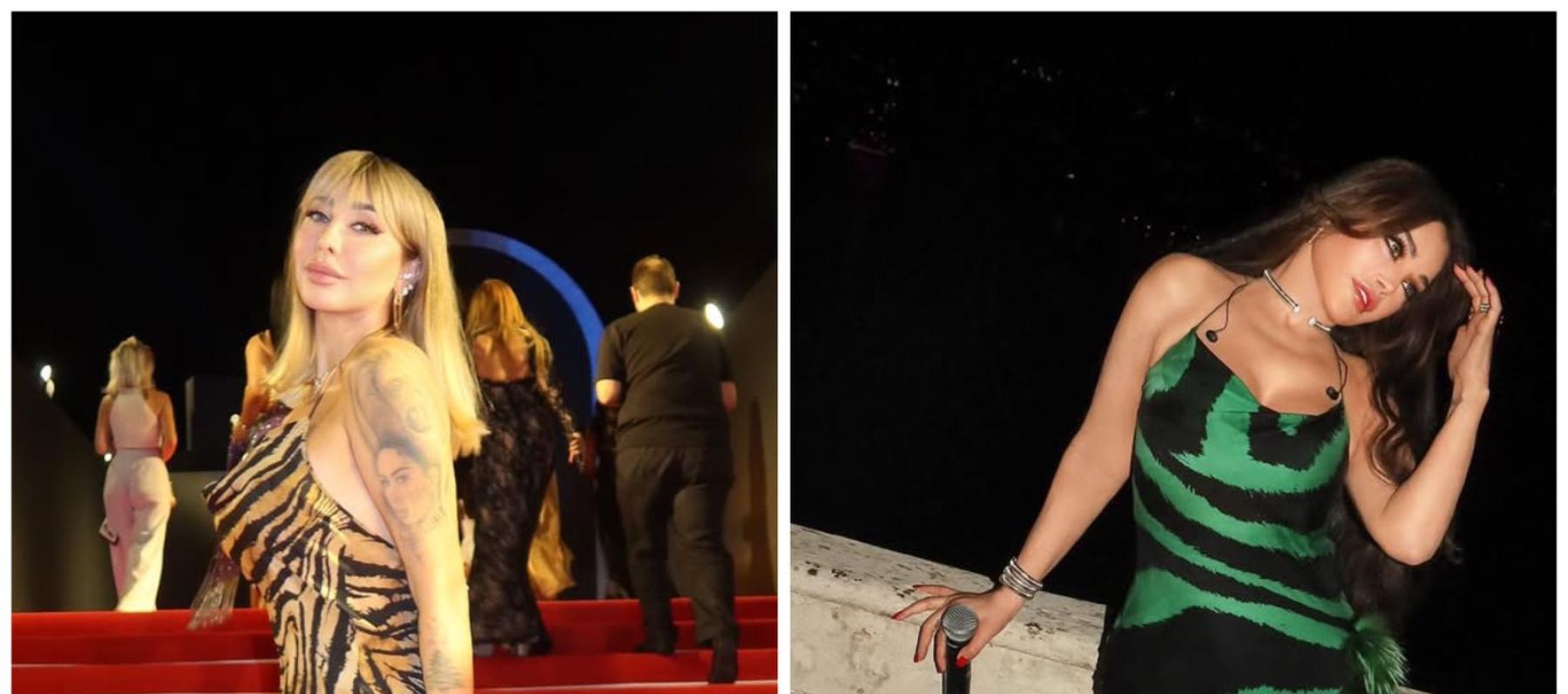 جويل ماردينيان وهيفاء وهبي تتألقان بنفس فستان روبيرتو كافاللي بنقشة الزيبرا