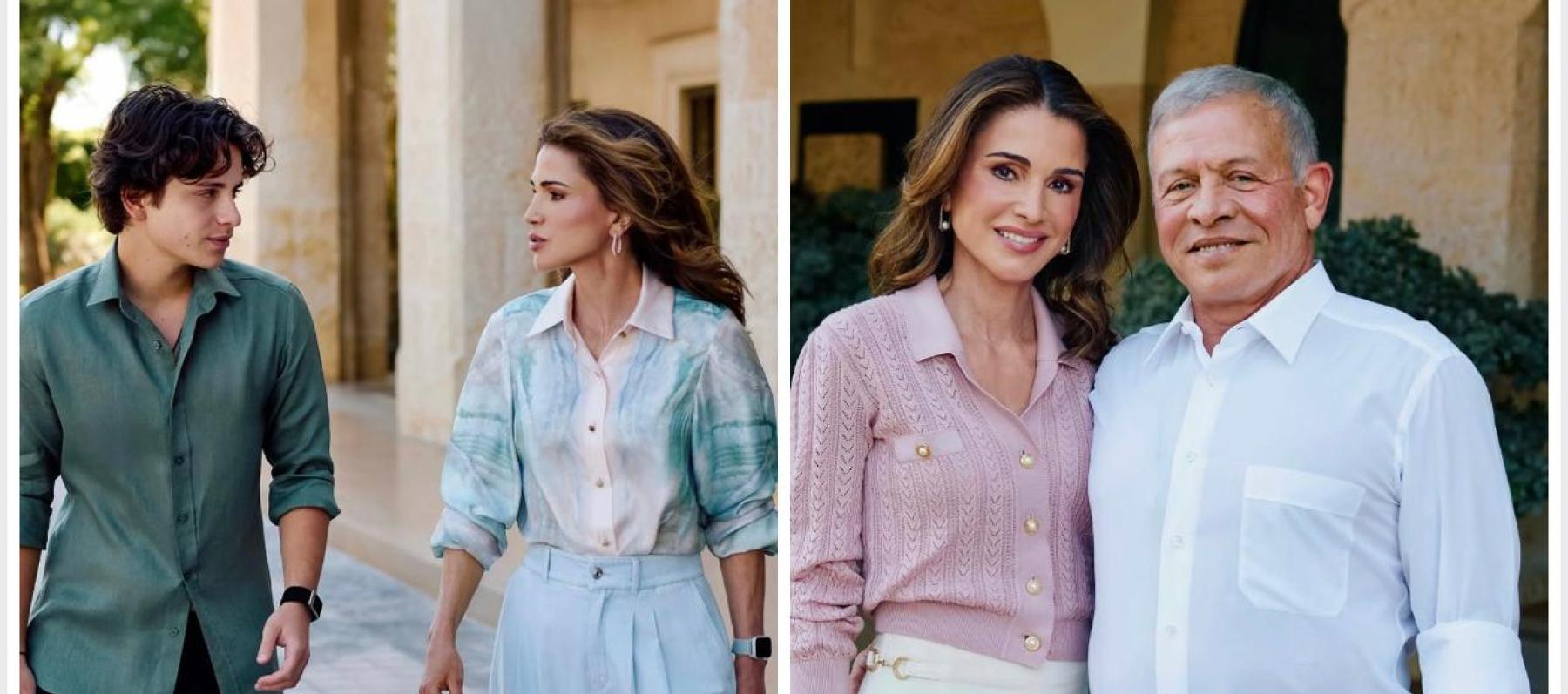 الملكة رانيا بأزياء باستيلية مع الملك عبدالله والأمير هاشم