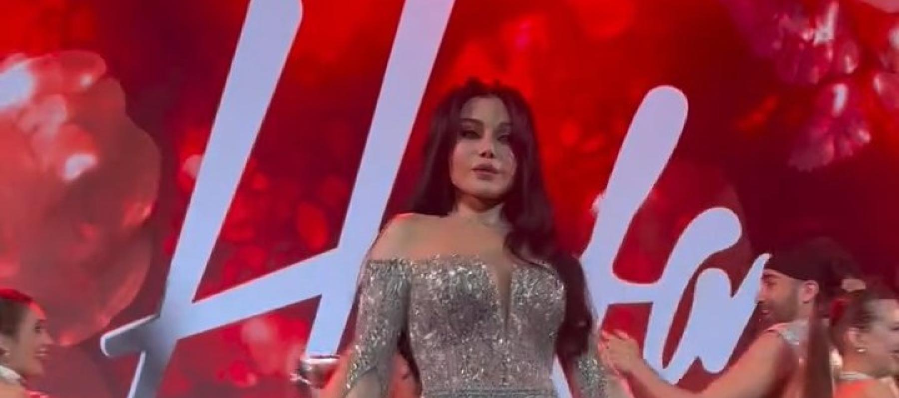 هيفاء وهبي بجمبسوت براق مزين بالريش في حفلها في مصر 