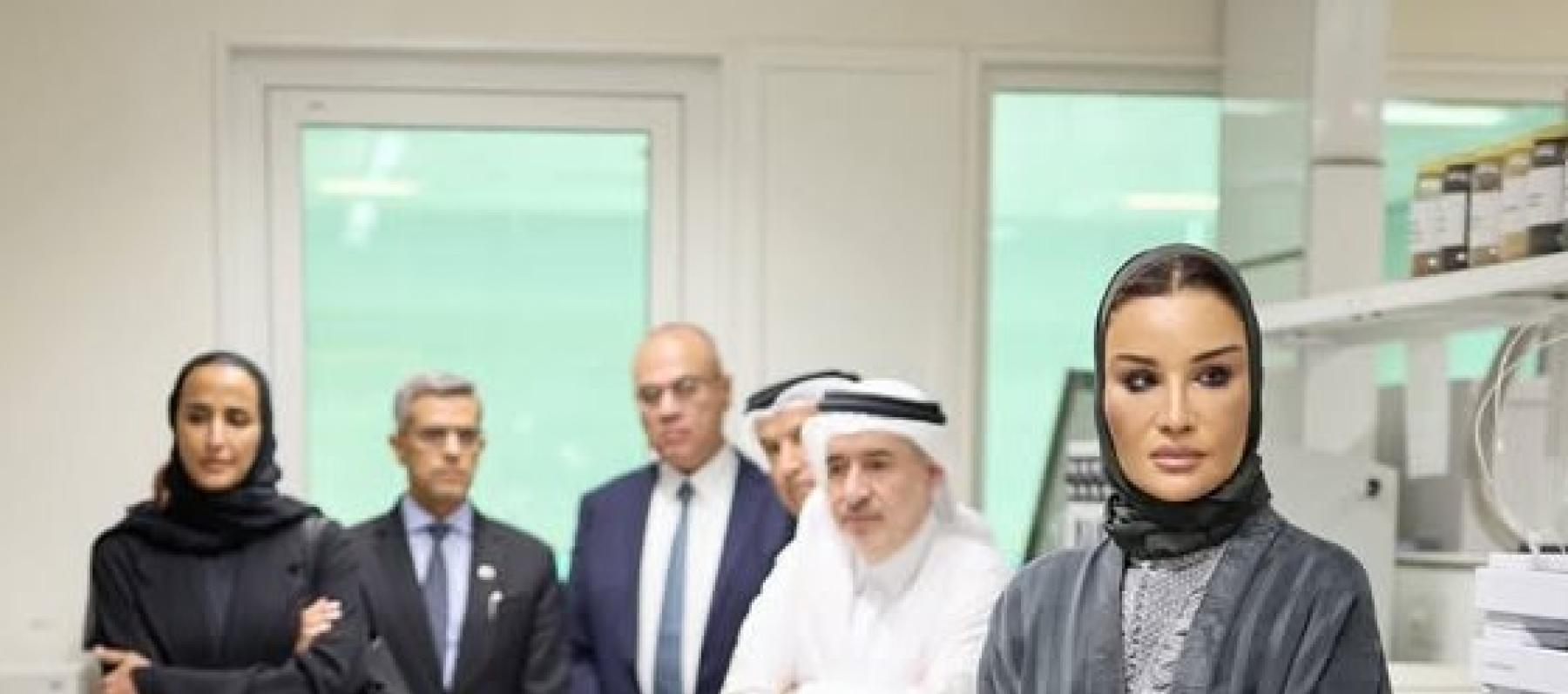 الشيخة موزا بعباية مخملية رمادية وحقيبة من جلد التمساح 