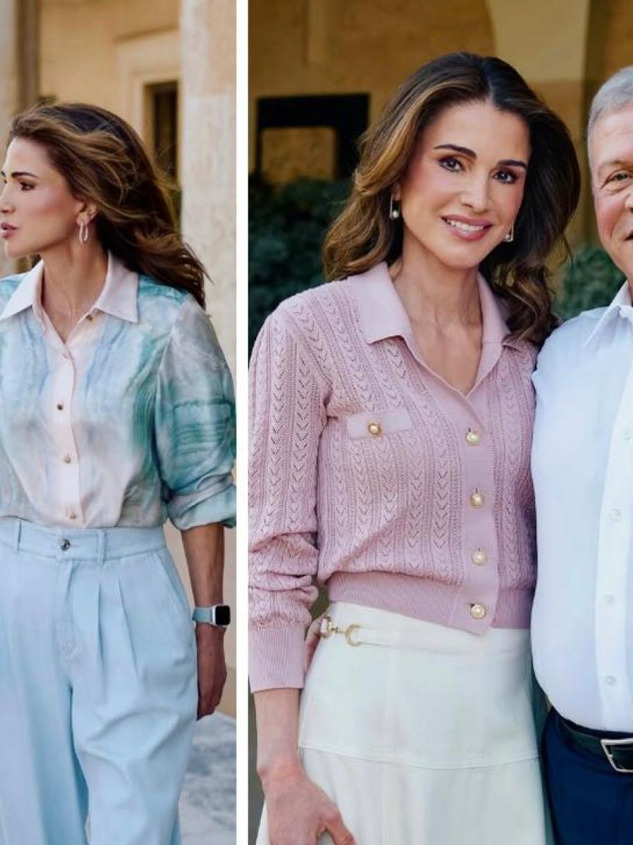 الملكة رانيا بأزياء باستيلية مع الملك عبدالله والأمير هاشم