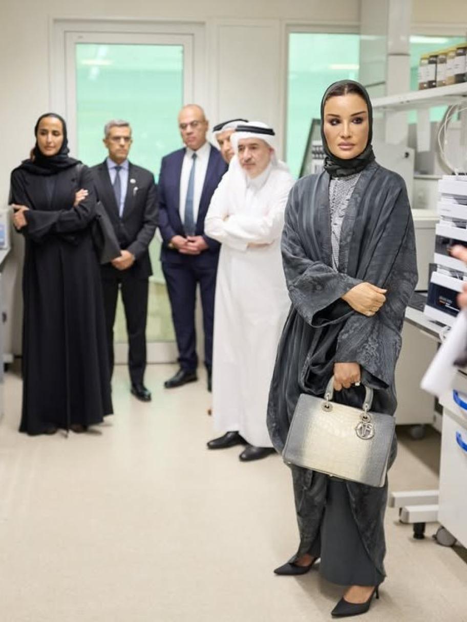 الشيخة موزا بعباية مخملية رمادية وحقيبة من جلد التمساح 