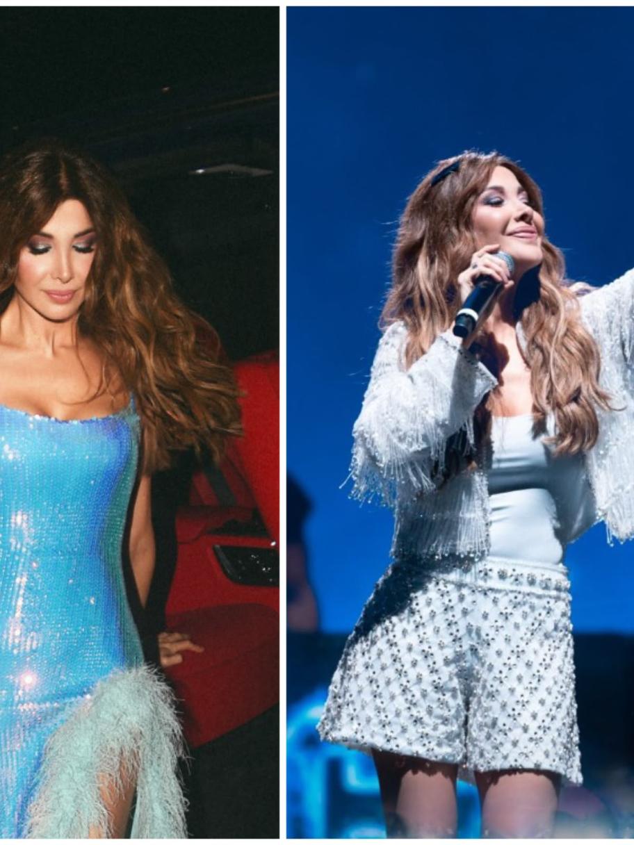 نانسي عجرم باطلالات من الترتر والريش والأحجار اللامعة في دبي
