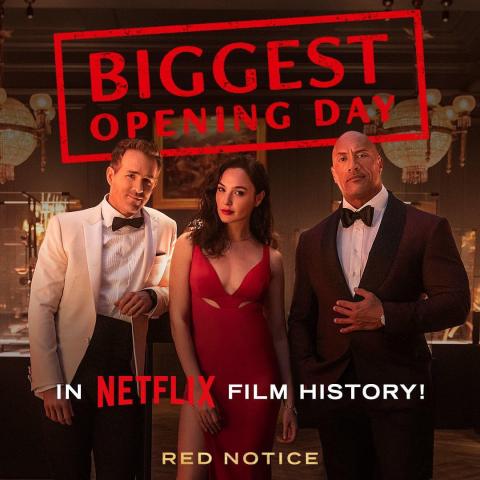 ذا روك، ريان رينولدز وغال غادوت من بوستر فيلم Red Notice - انستغرام @therock