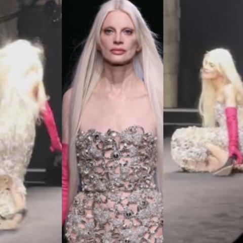 مجددًا.. عارضة أزياء تسقط بسبب الكعب العالي في عرض فالنتينو