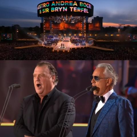 أندريا بوتشيللي والسير برين تيرفيل في احتفالات التتويج- الصور من فيديو BBC