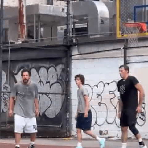 تيموثي شالاميت وآدم ساندلر في ملعب كرة السلة.. الصورة من فيديو منتشر على مواقع التواصل الاجتماعي