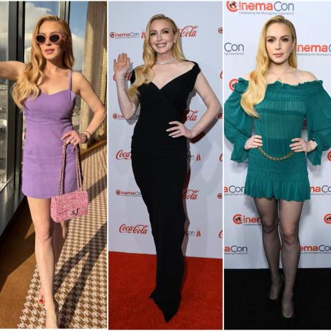 ليندسي لوهان بفساتين من شانيل وسان لوران وجاكوموس في سينماكون 2025