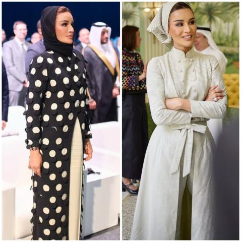 اطلالاتان مختلفتان للشيخة موزا بين الطابع المحايد وموضة البولكا دوتس