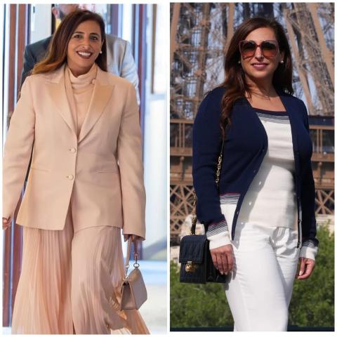 الشيخة بدور القاسمي بإطلالة رسمية محايدة وأخرى عصرية في باريس