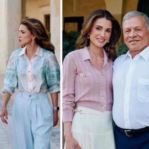 الملكة رانيا بأزياء باستيلية مع الملك عبدالله والأمير هاشم