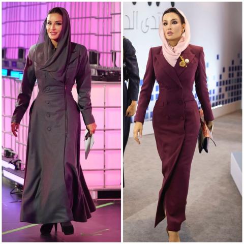 الشيخة موزا والعباية بأسلوب المعطف… أناقة شرقية بتوقيع خاص