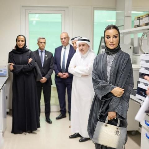 الشيخة موزا بعباية مخملية رمادية وحقيبة من جلد التمساح